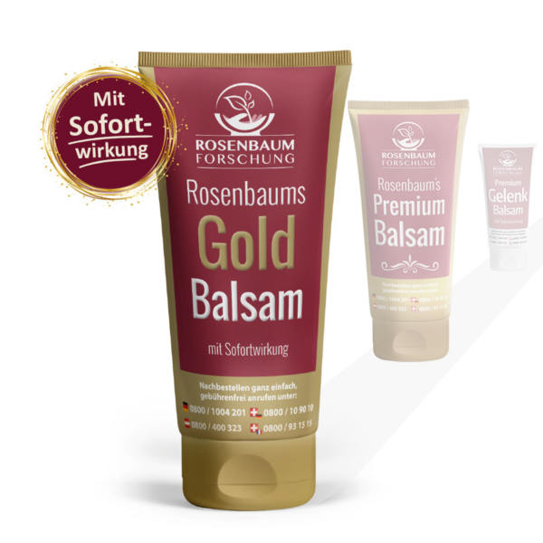 Produkthistorie vorne die aktuelle Produktversion Rosenbaums Gold Balsam, dahinter dezenter dargestellt Rosenabums Premium Balsam und Premium Gelenk Balsam
