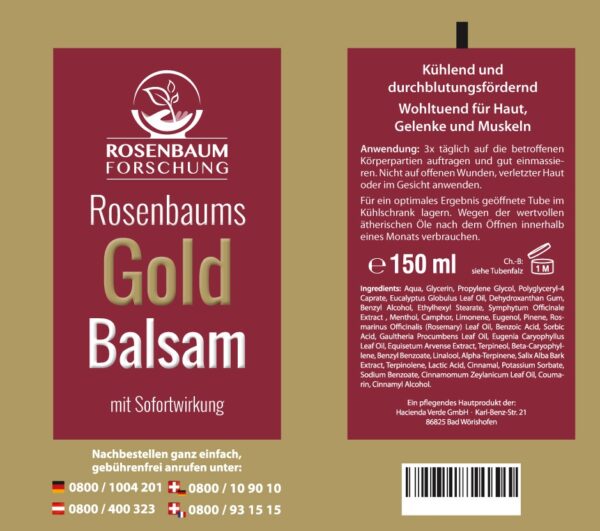 Rosenbaums Gold Balsam Tubendruck, zeigt Vorder - und Rückseite der Tube